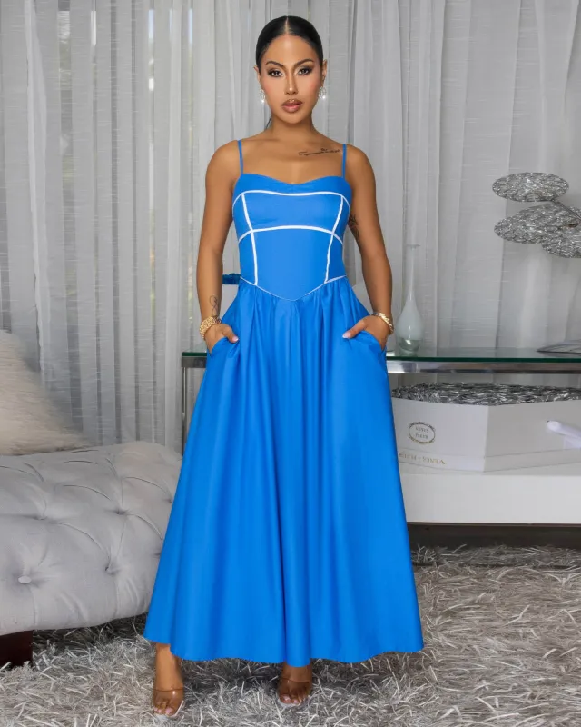 Elvera Blue White Trim Maxi Dress sold by Chic Couture