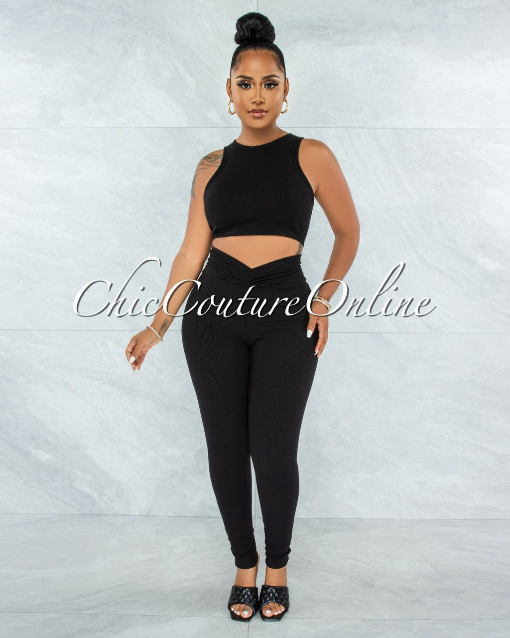 Lavesh Black Crop Top & Leggings Ribbed Set sold by Chic Couture