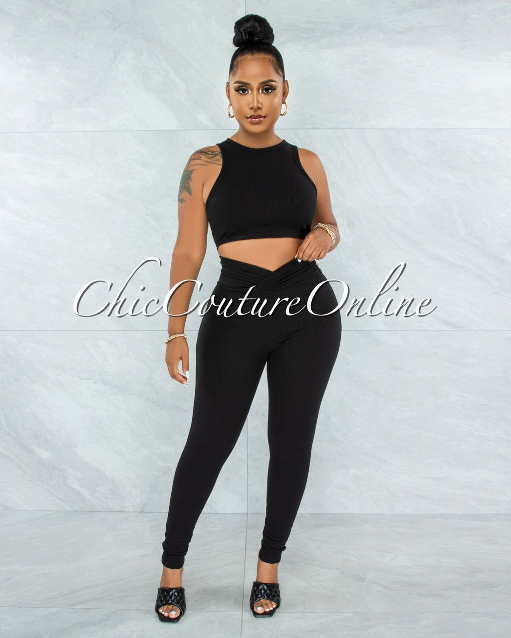 Lavesh Black Crop Top & Leggings Ribbed Set sold by Chic Couture product image thumbnail 2