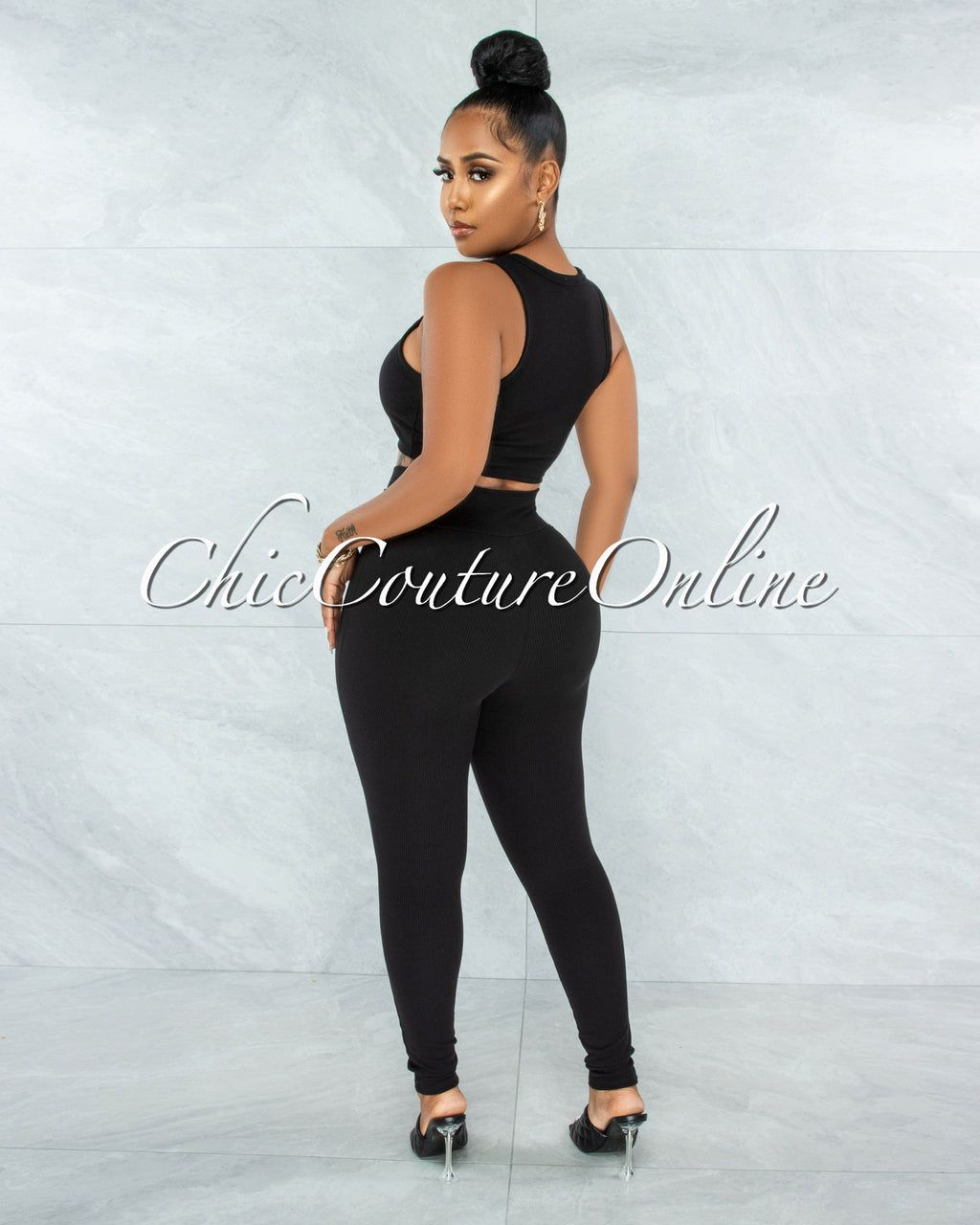 Lavesh Black Crop Top & Leggings Ribbed Set sold by Chic Couture product image thumbnail 3