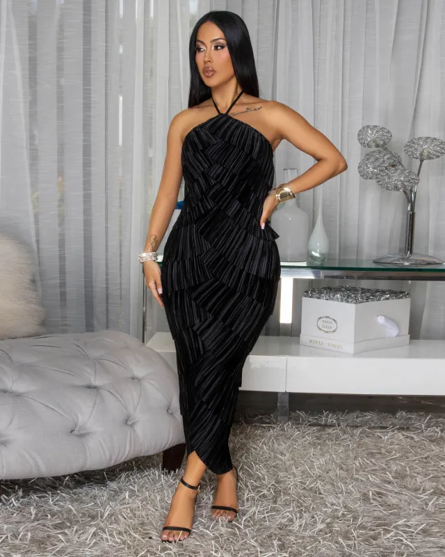 Calandra Black Pleated Midi Dress sold by Chic Couture