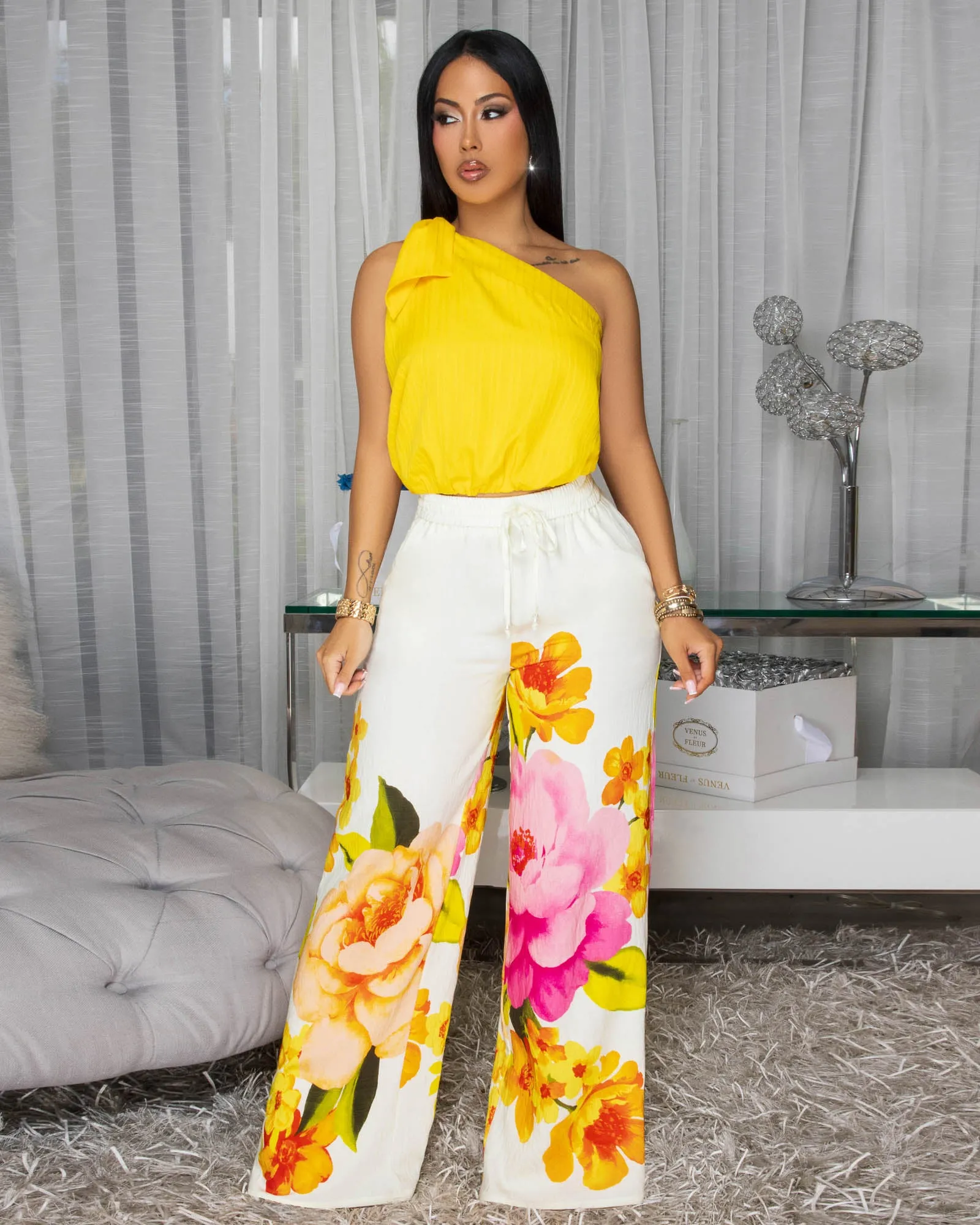 Koda Cream Multi-Color Floral Print Pants sold by Chic Couture