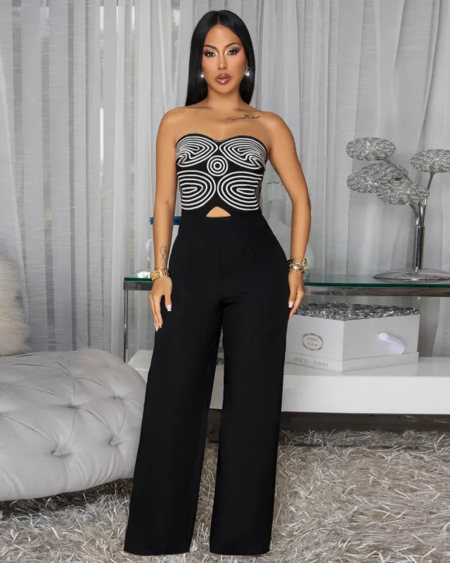 Novella Black Cream Embroidery Strapless Linen Jumpsuit sold by Chic Couture