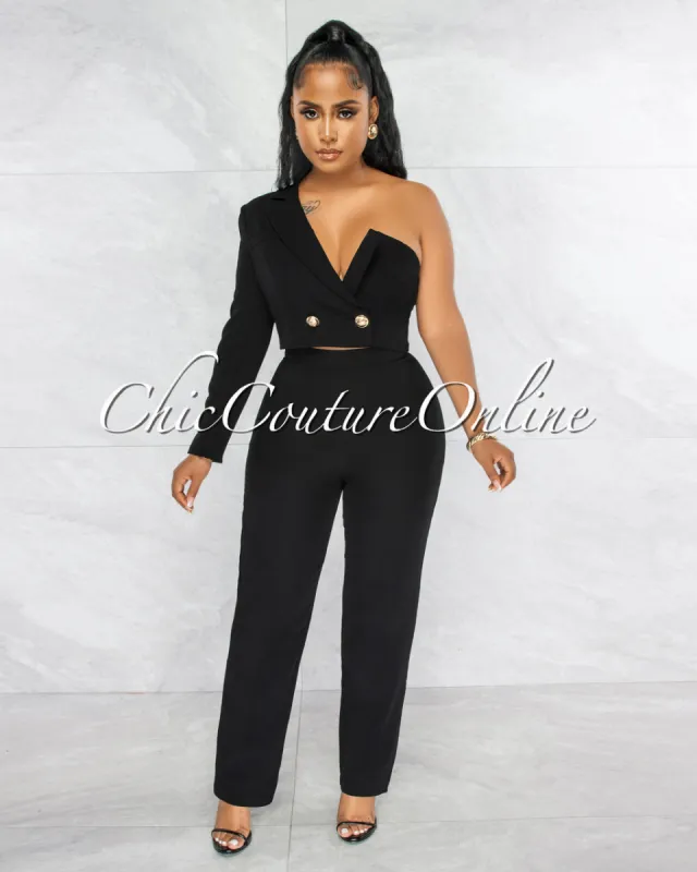 *Oksana Black Single Shoulder Crop Blazer & Wide Pants Set sold by Chic Couture