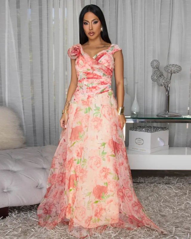 Manara Peach Multi-Color Floral Print Maxi Dress sold by Chic Couture