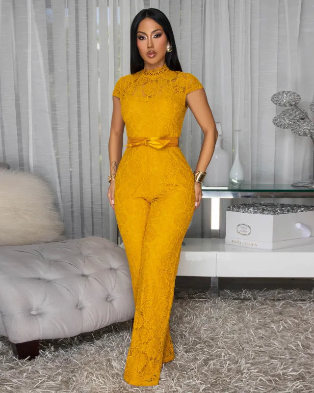 Gamila Mustard Yellow Allover Lace Jumpsuit sold by Chic Couture