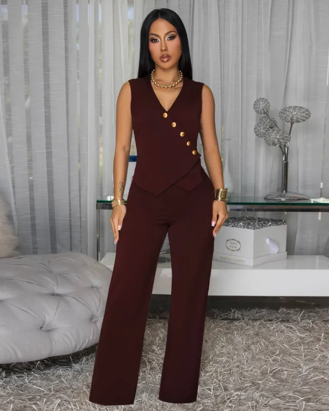 Komodo Brown Gold Buttons Vest & Pants Set sold by Chic Couture