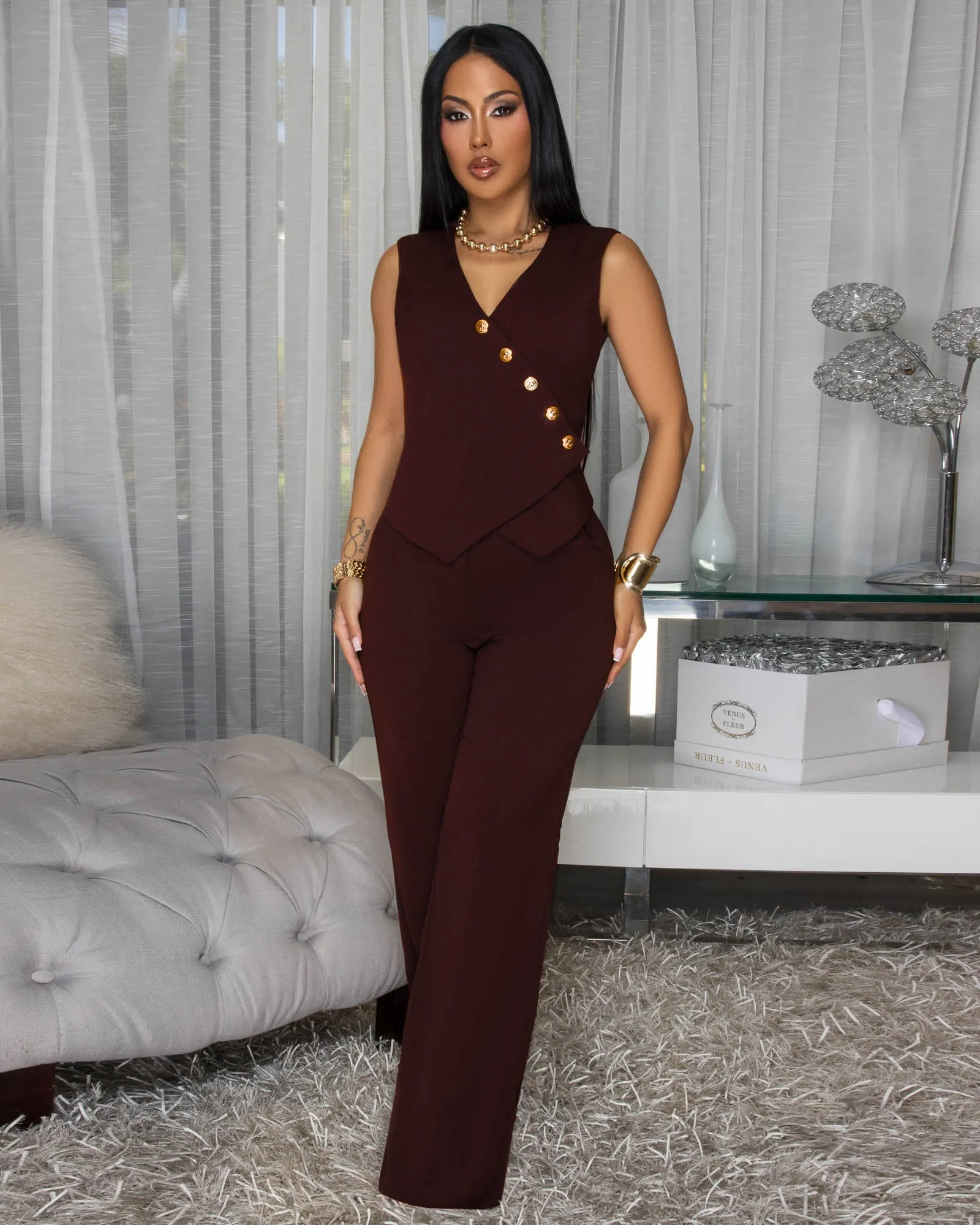 Komodo Brown Gold Buttons Vest & Pants Set sold by Chic Couture product image thumbnail 2