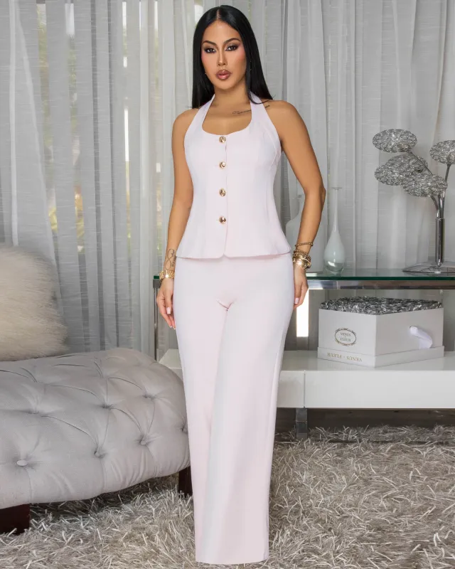 Mirri Light Pink Halter Top Pants Set sold by Chic Couture