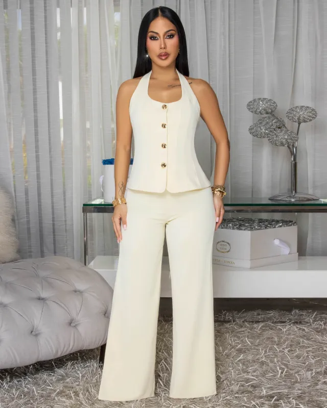 Mirri Light Yellow Halter Top Pants Set sold by Chic Couture