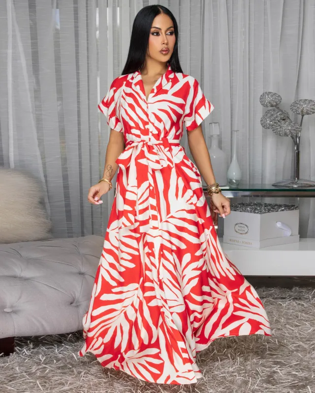 Palmero Off-White Tomato Red Floral Print Maxi Dress sold by Chic Couture
