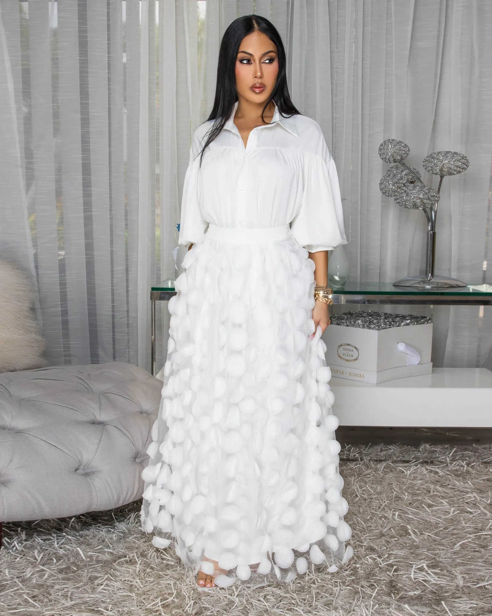 Melrose White Mesh Overlay Skirt Set sold by Chic Couture