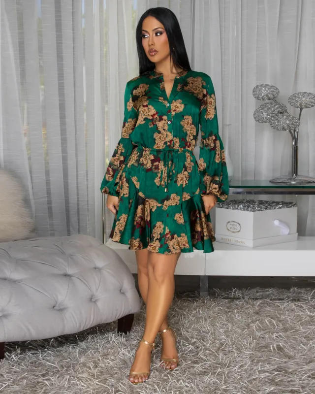 Renae Green Gold Floral Print Silkyi Dress sold by Chic Couture