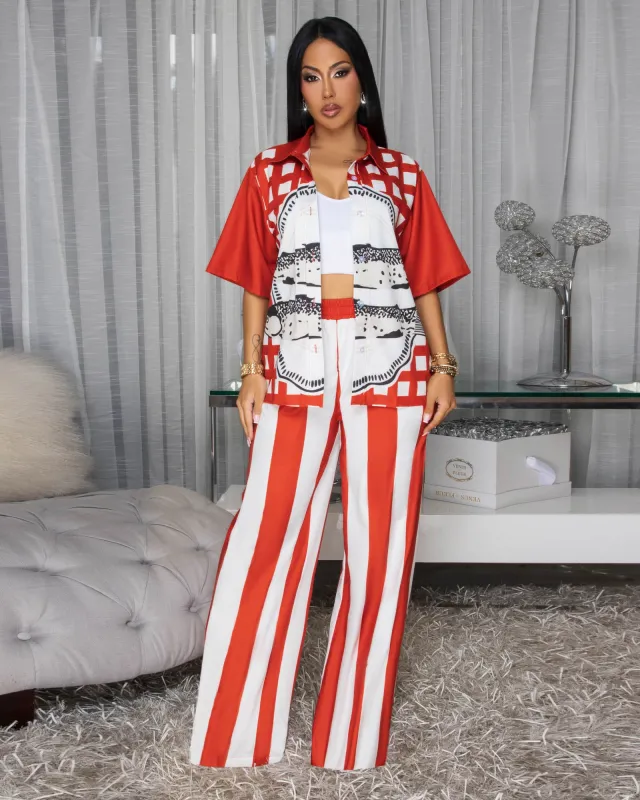 London Red Ivory Multi-Color Print Shirt & Pants Set sold by Chic Couture