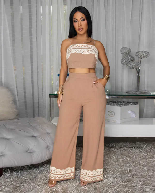 Tanaya Taupe Cream Embroidery Pants Set sold by Chic Couture