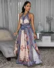 Jana Beige Multi-Color Print Halter Maxi Dress sold by Chic Couture