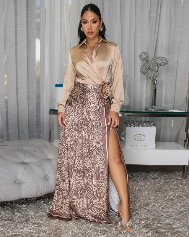 Elsie Mocha Zebra Print Faux-Wrap Maxi Dress sold by Chic Couture