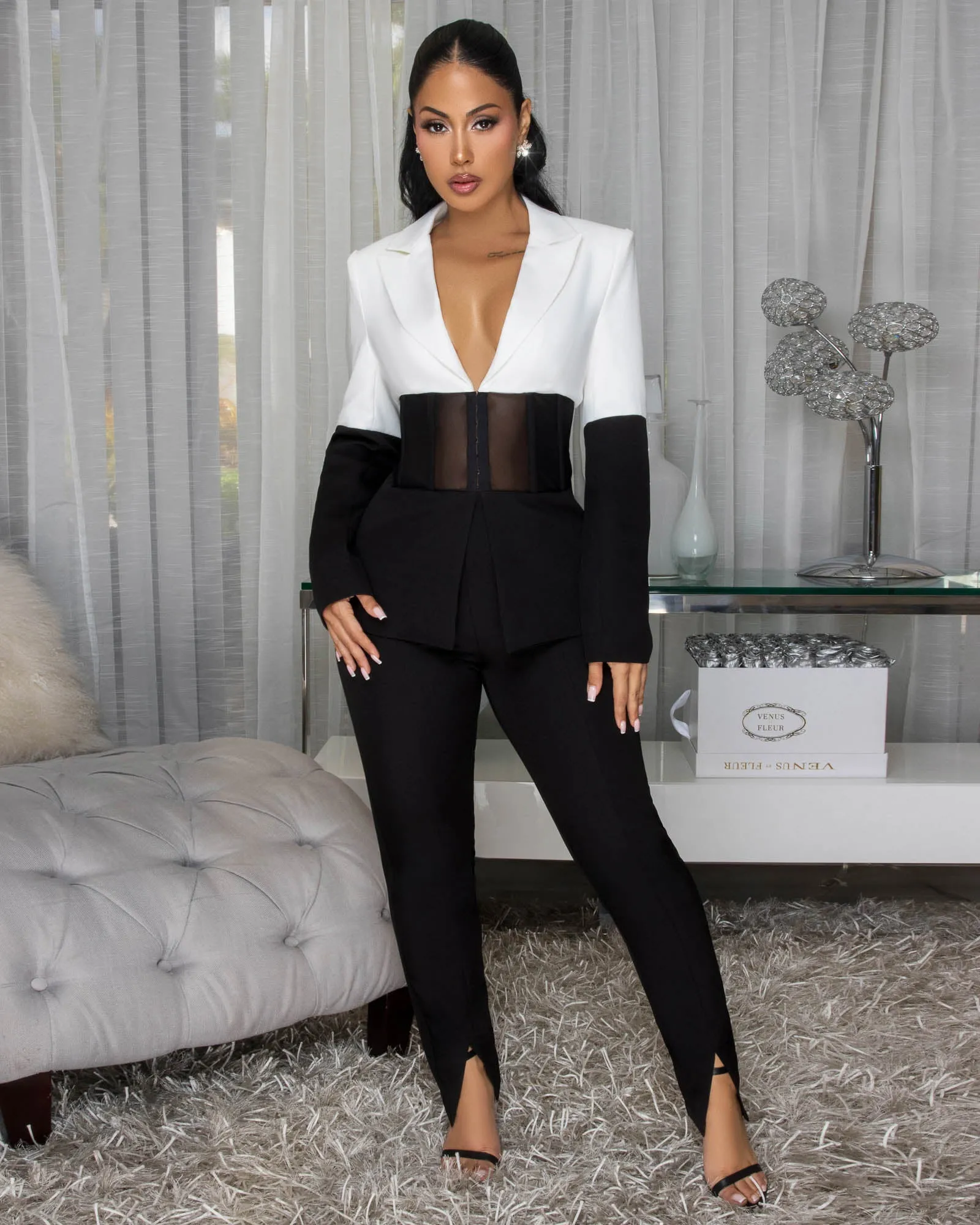 Tasha White Black Color-Block Jacket & Pants Set sold by Chic Couture product image thumbnail 3