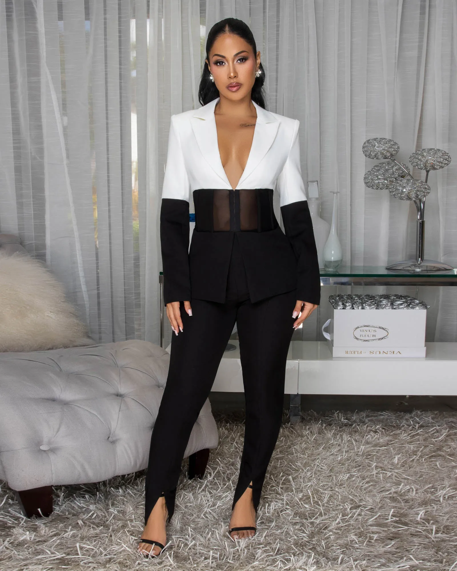 Tasha White Black Color-Block Jacket & Pants Set sold by Chic Couture