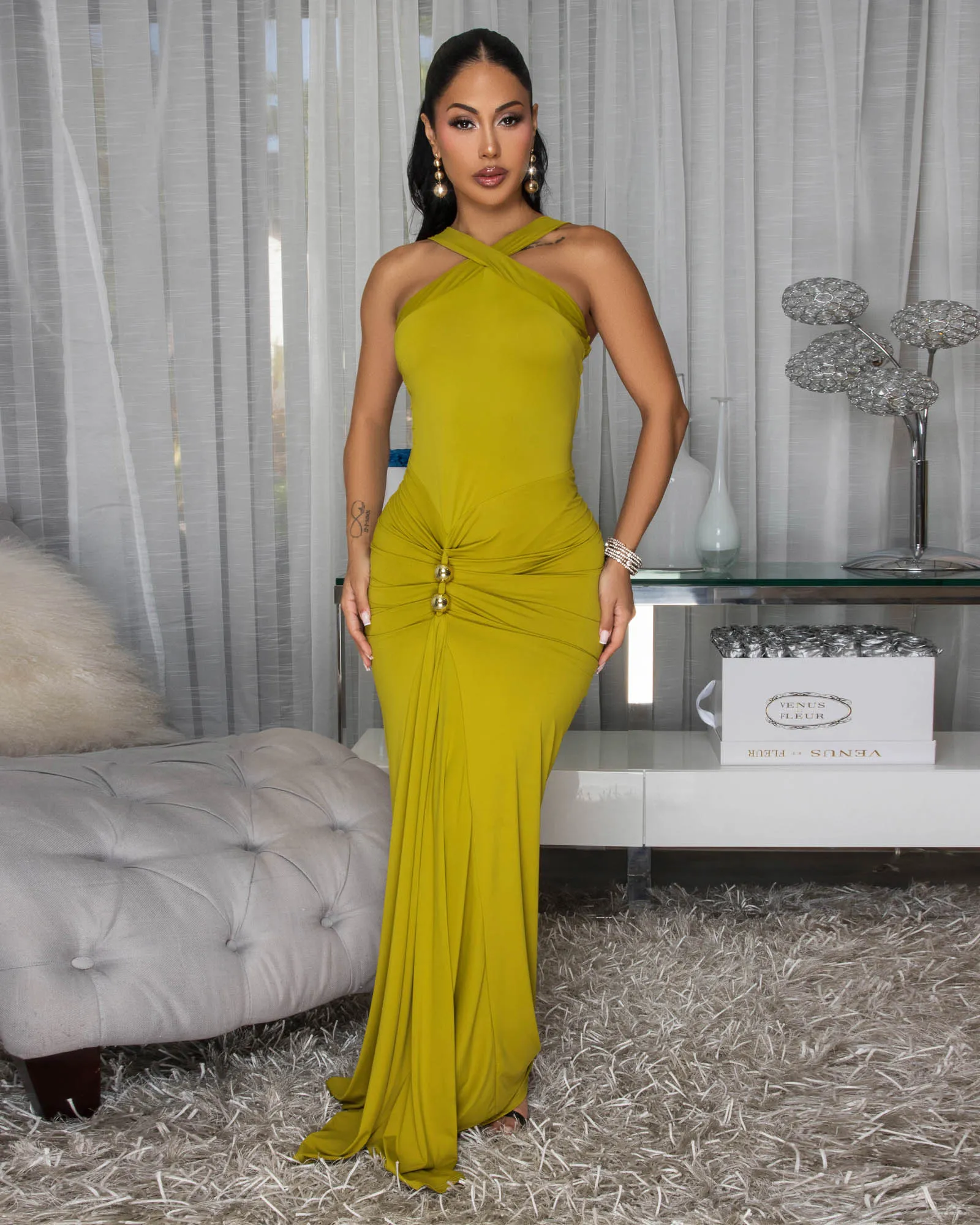 Siarra Moss Gold Accent Ruched Maxi Dress sold by Chic Couture