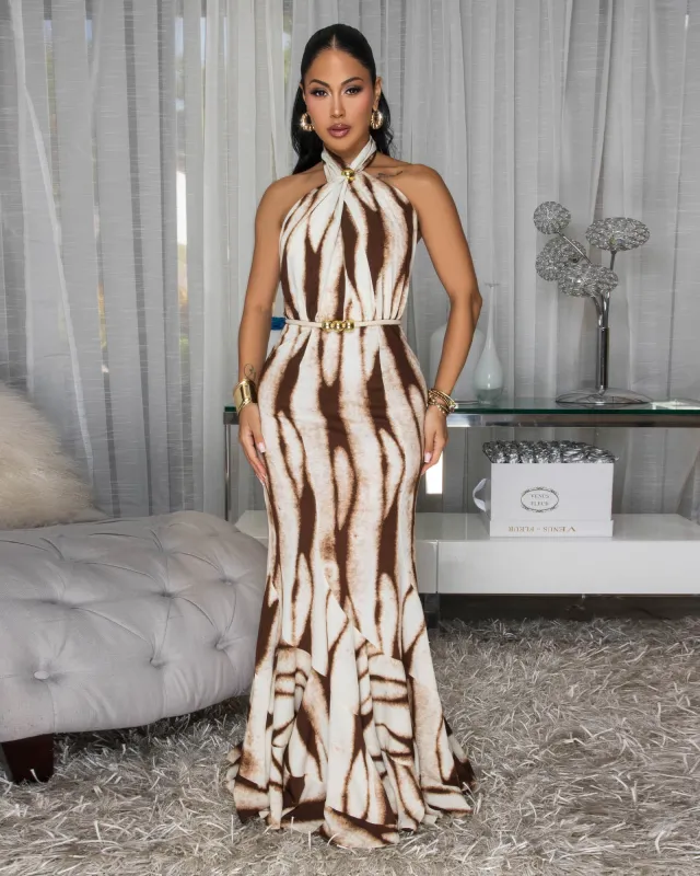 Inaya Nude Brown Halter Mermaid Maxi Dress sold by Chic Couture