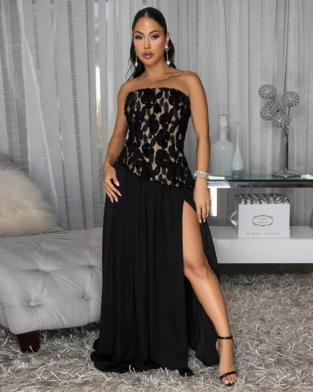 Yulia Black Lace Accent Nude Illusion Maxi Dress sold by Chic Couture