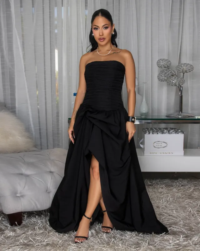 Priya Black Front Slit Bubble Gown sold by Chic Couture