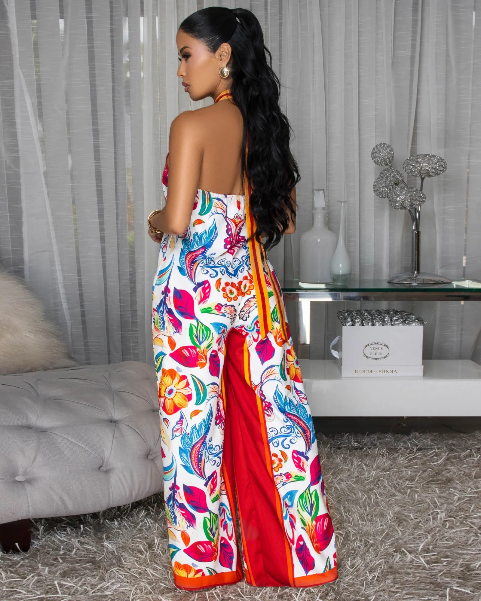 Hali Off-White Red Orange Floral Halter Jumpsuit sold by Chic Couture product image thumbnail 4