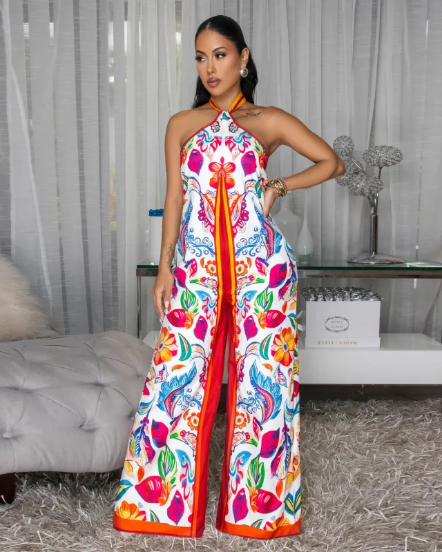 Hali Off-White Red Orange Floral Halter Jumpsuit sold by Chic Couture