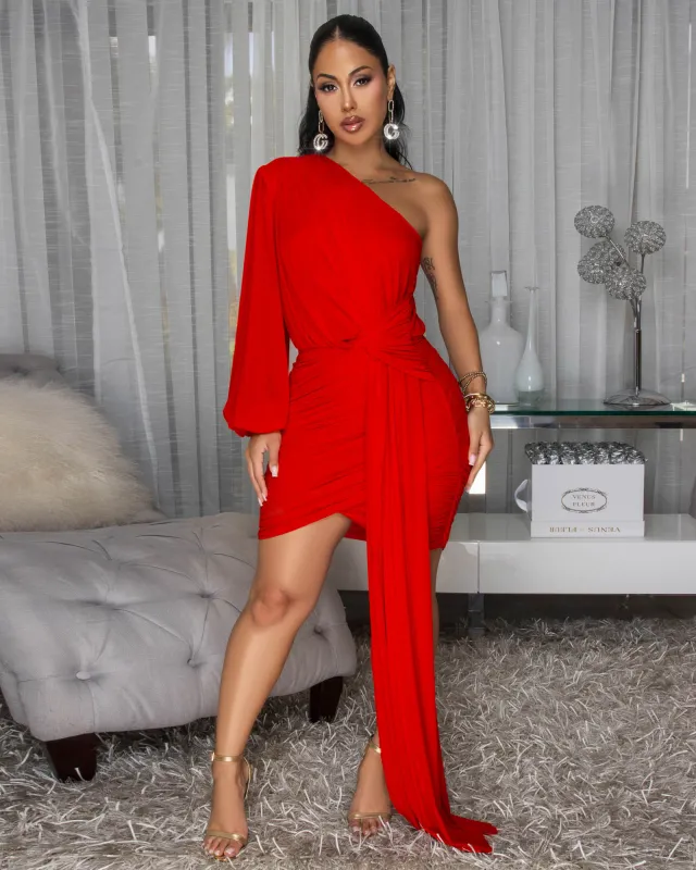 Norah Red Single Shoulder Mesh Dress sold by Chic Couture