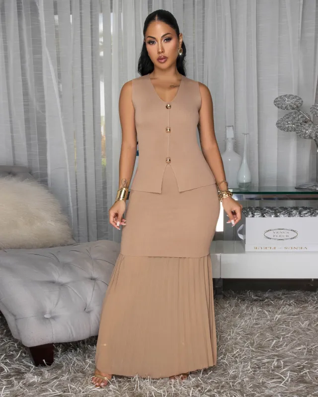 Nerine Mocha Top & Pleated Maxi Skirt Set sold by Chic Couture