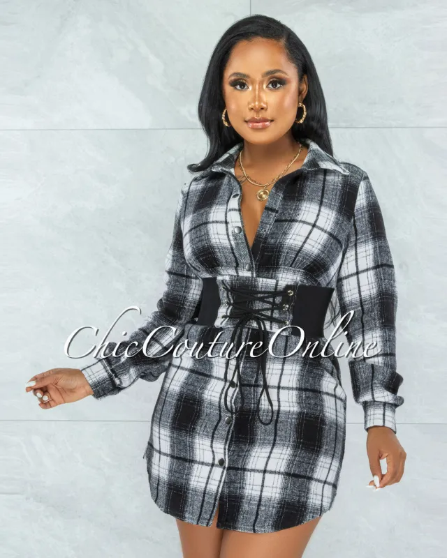 *Curtis Black White Plaid Lace-Up Bandage Belt Shirt Dress sold by Chic Couture
