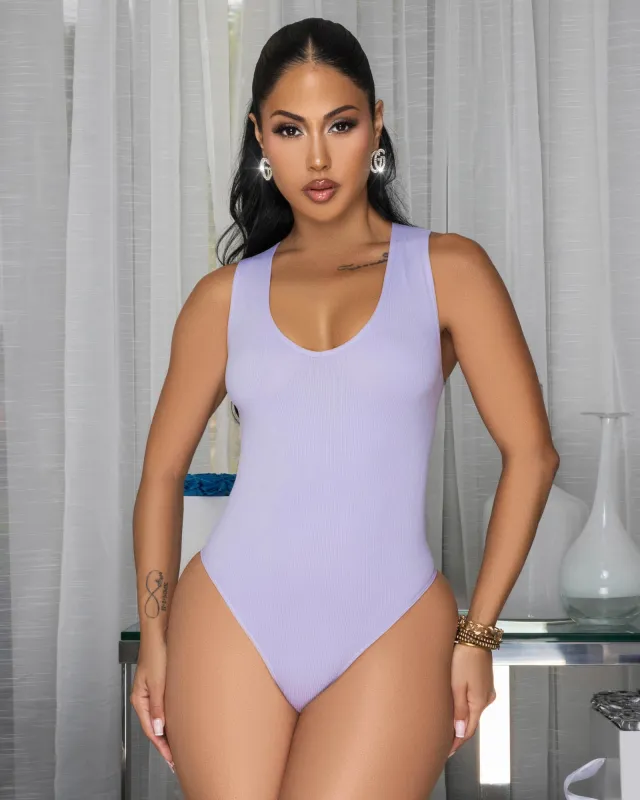 Bussie Lilac Ribbed Body-Con Bodysuit sold by Chic Couture