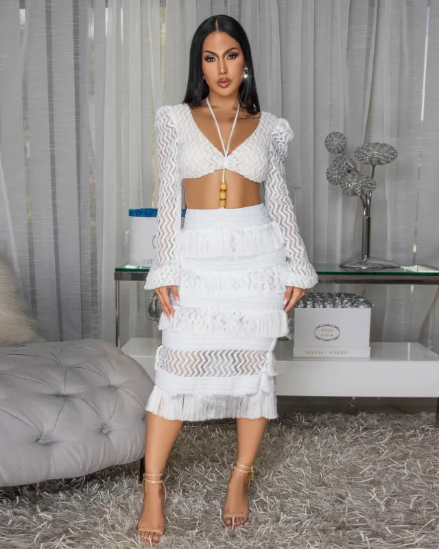 Sonnetta White Lace Crop Top & Fringe Skirt Set sold by Chic Couture