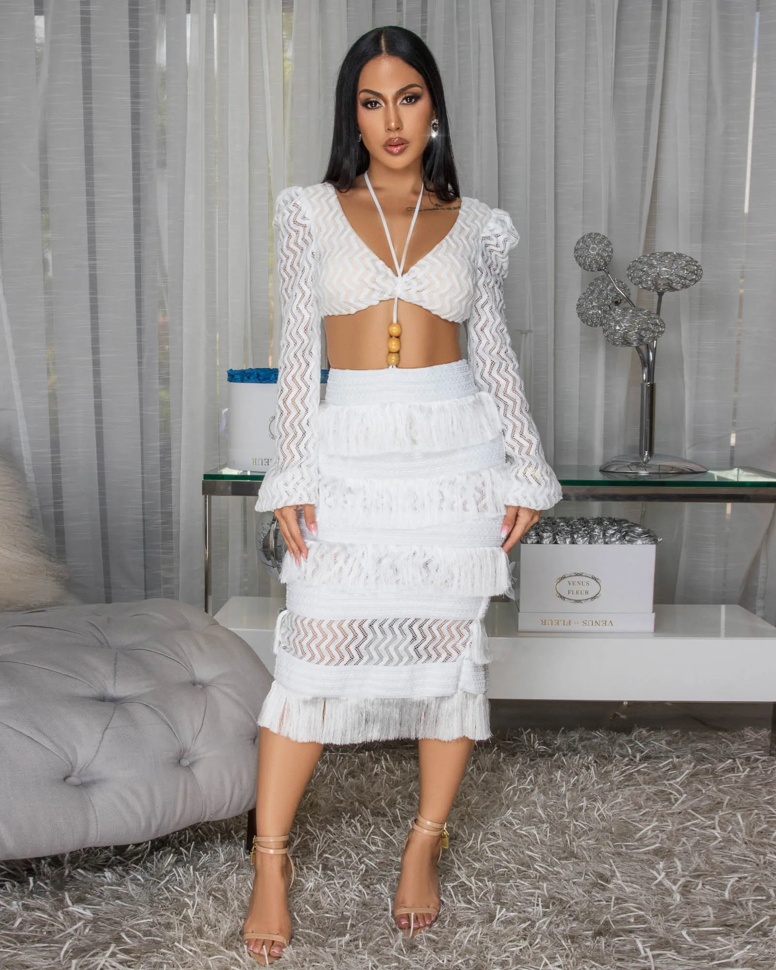 *Sonnetta White Lace Crop Top & Fringe Skirt Set sold by Chic Couture