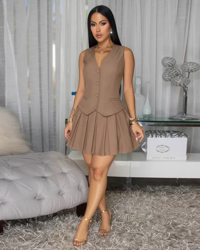 Arlene Nude Button Pleated Skater Dress sold by Chic Couture