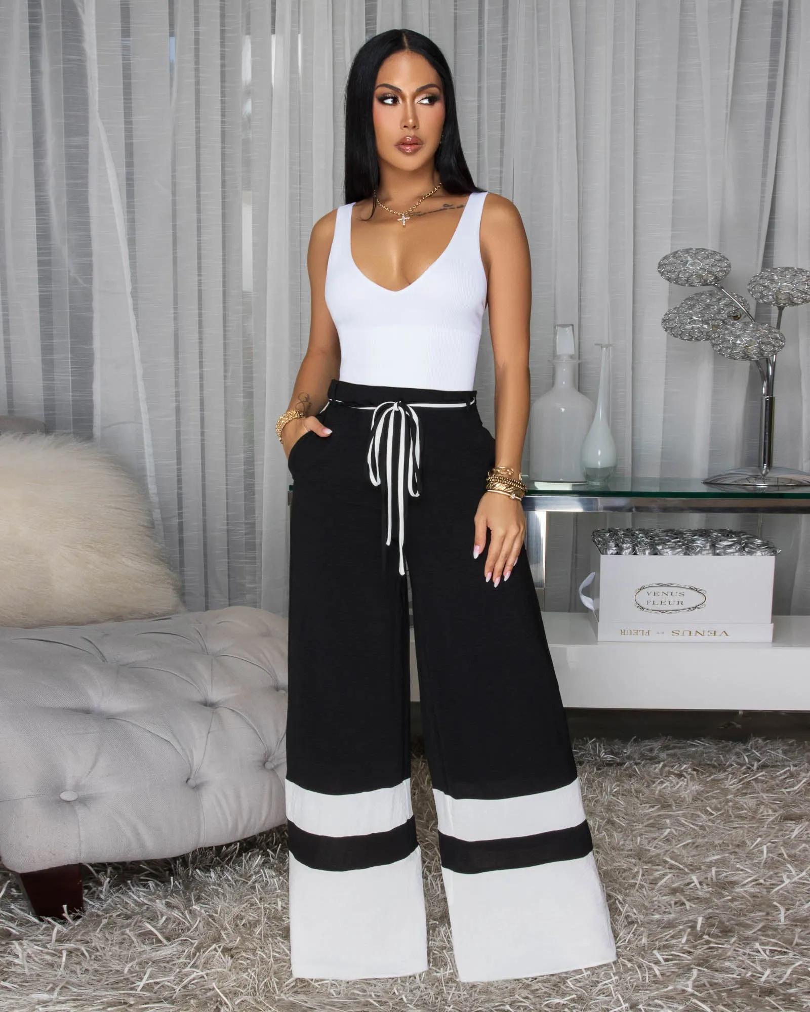 Teagan Black White Trim Silky Pants sold by Chic Couture