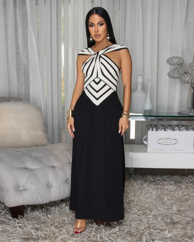 Jesvia Black Cream Stripes Colorblock Maxi Dress sold by Chic Couture