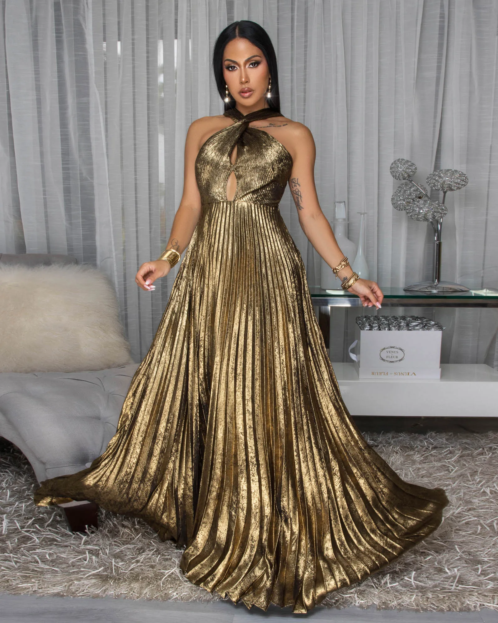 Yasira Gold Black Pleated Maxi Dress sold by Chic Couture