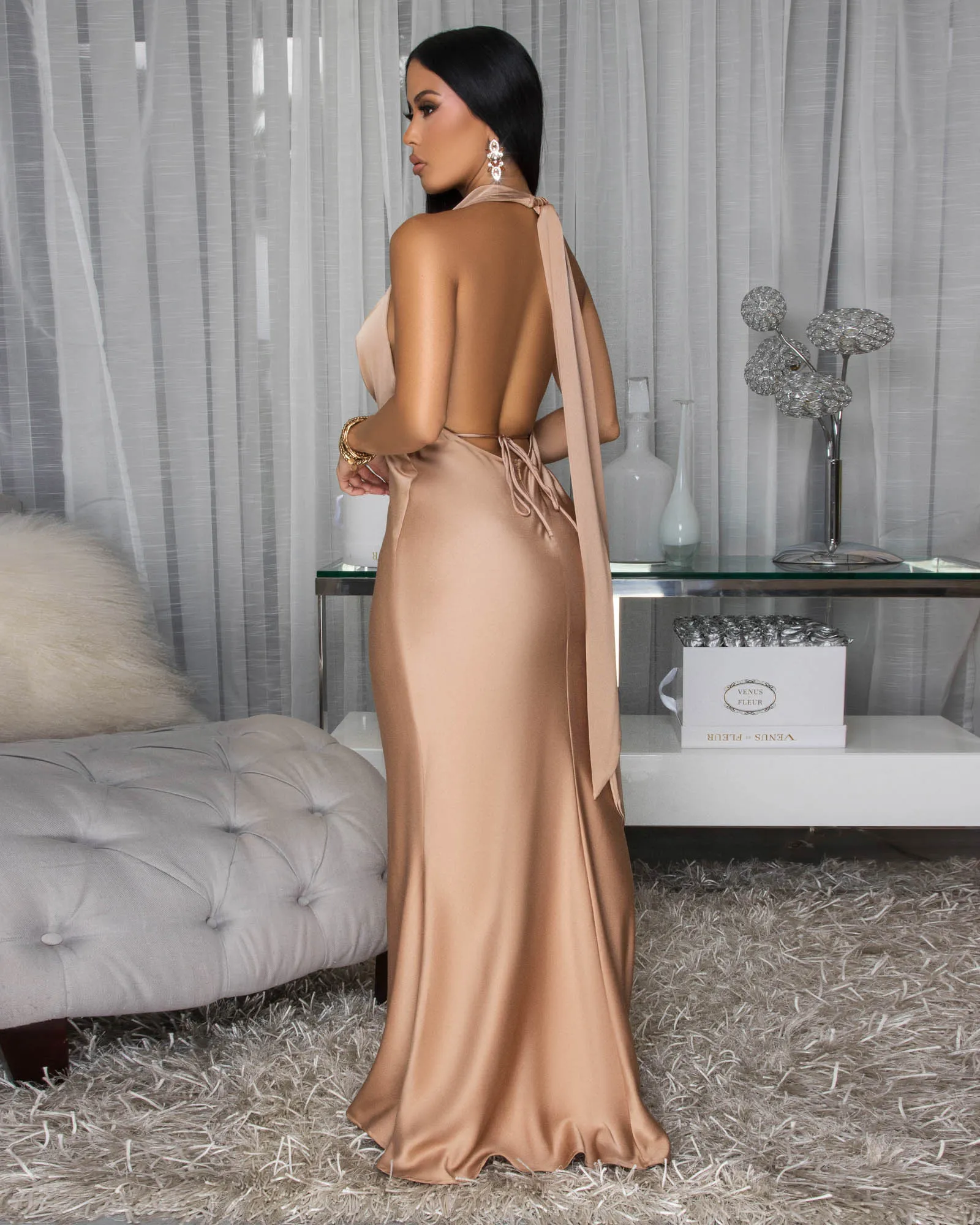 Lorena Mocha Silky Halter Maxi Dress sold by Chic Couture product image thumbnail 4