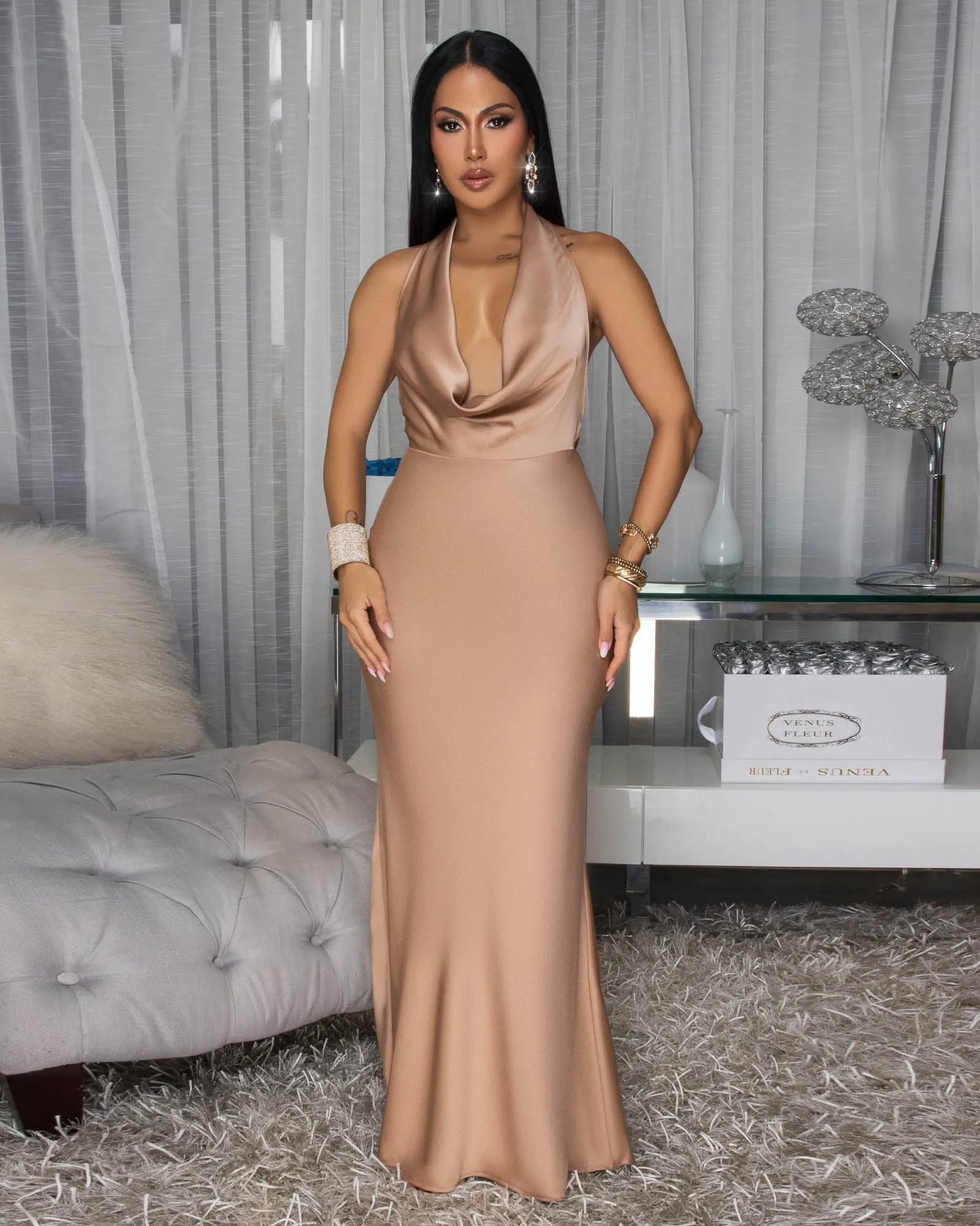 Lorena Mocha Silky Halter Maxi Dress sold by Chic Couture