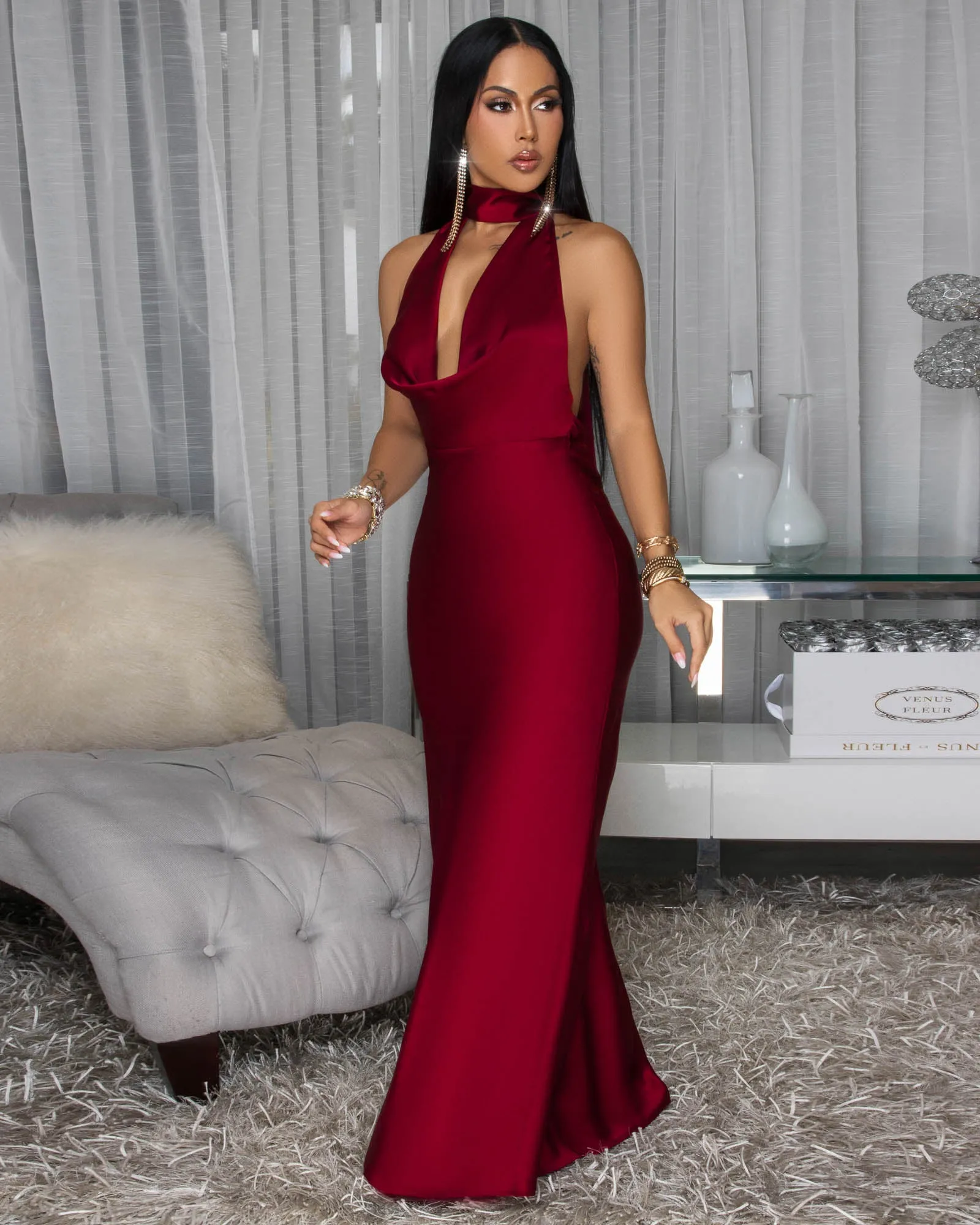 Lorena Burgundy Silky Halter Maxi Dress sold by Chic Couture product image thumbnail 3