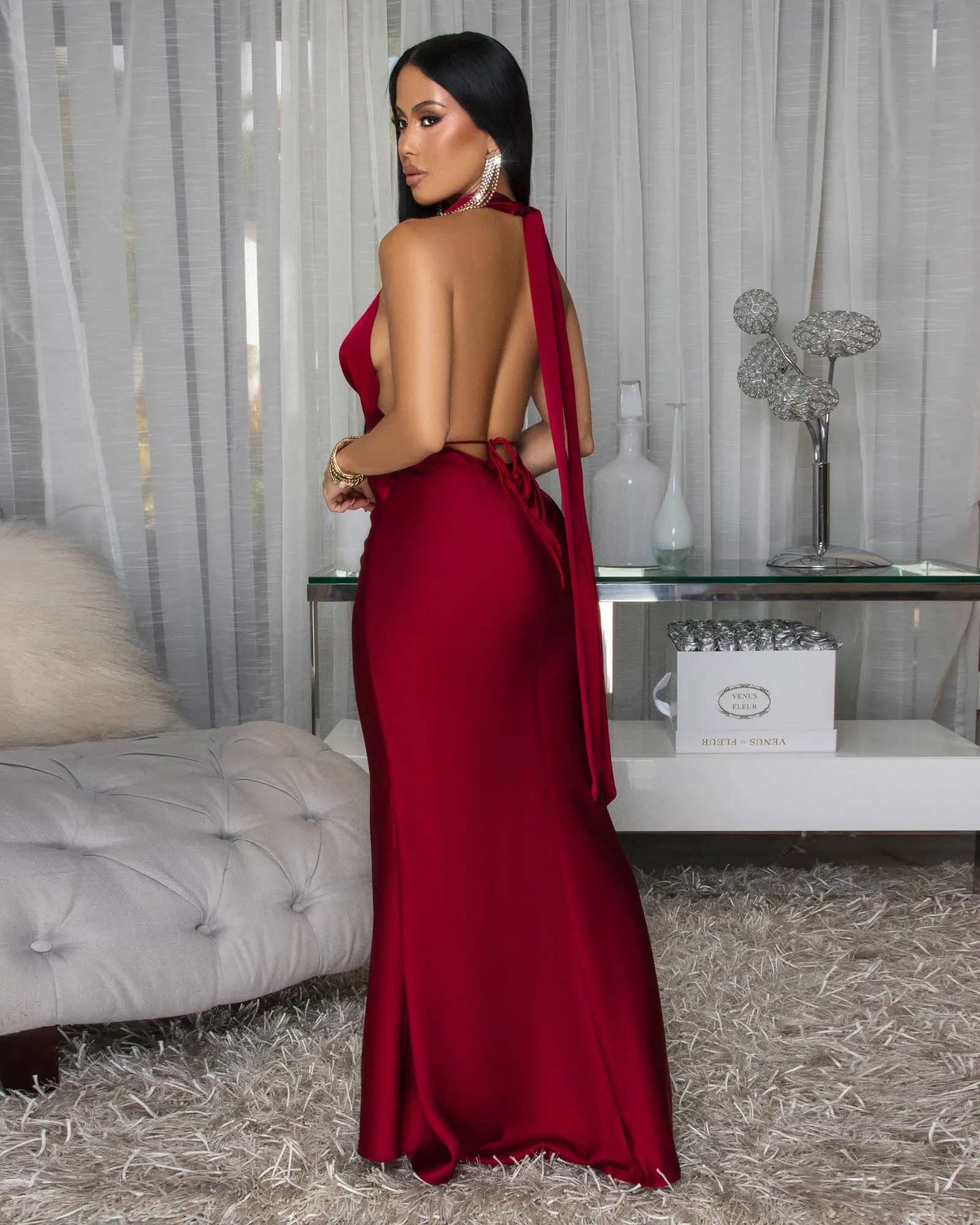 Lorena Burgundy Silky Halter Maxi Dress sold by Chic Couture product image thumbnail 4