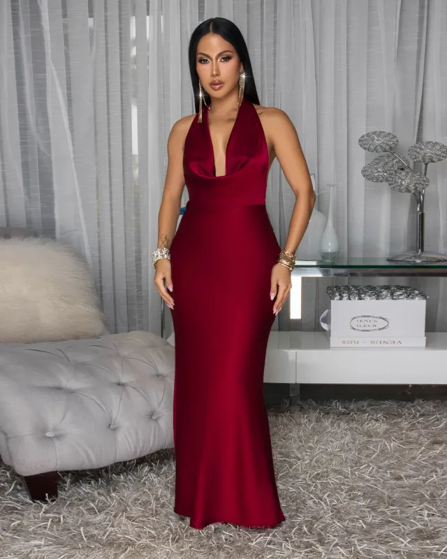 Lorena Burgundy Silky Halter Maxi Dress sold by Chic Couture