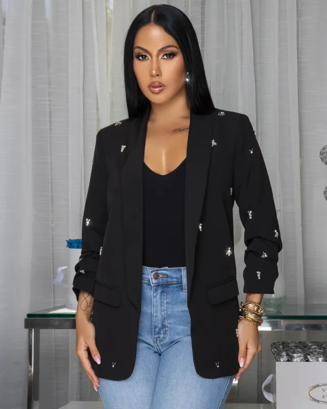 Luella Black Rhinestones Decor Long Blazer sold by Chic Couture