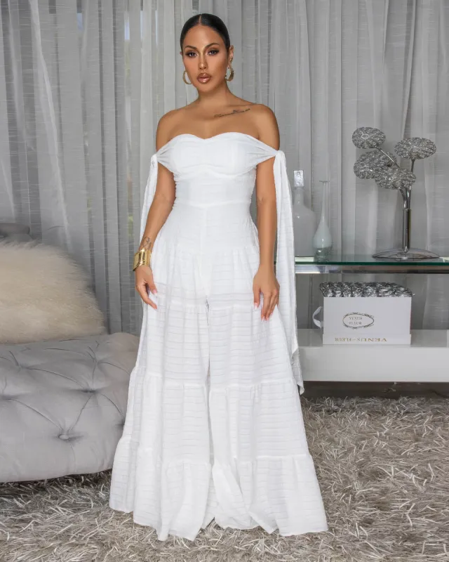 Noelly White Strapless Wide Legs Jumpsuit sold by Chic Couture