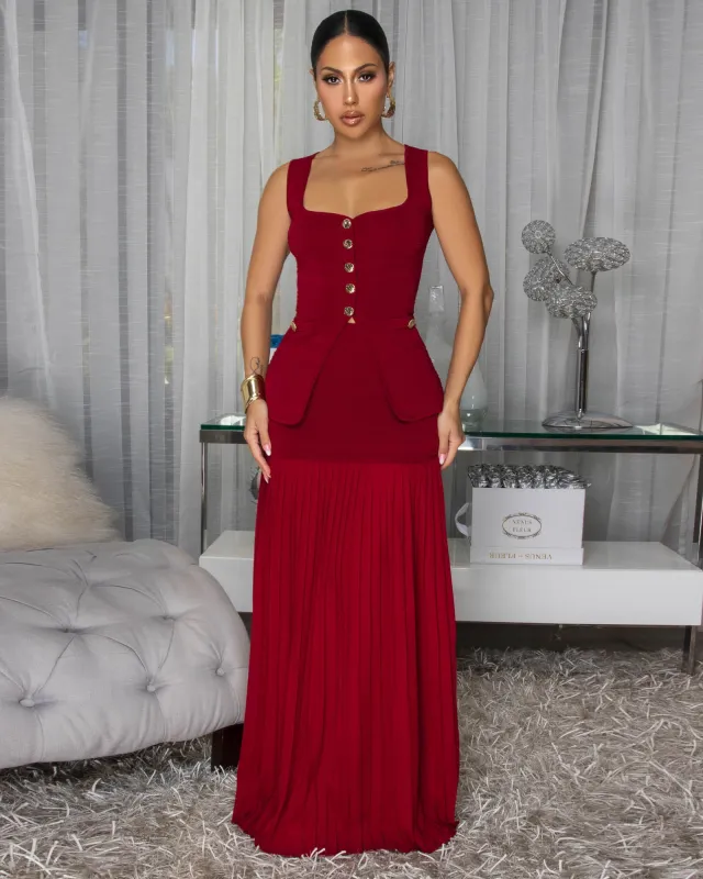 Adina Burgundy Top & Pleated Maxi Skirt Set sold by Chic Couture