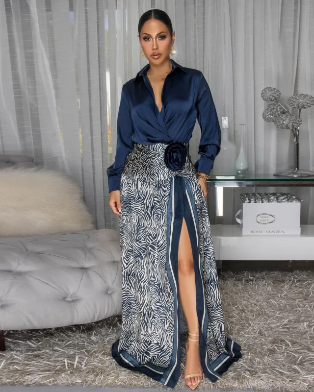 Elsie Navy-Blue Beige Zebra Print Faux-Wrap Maxi Dress sold by Chic Couture