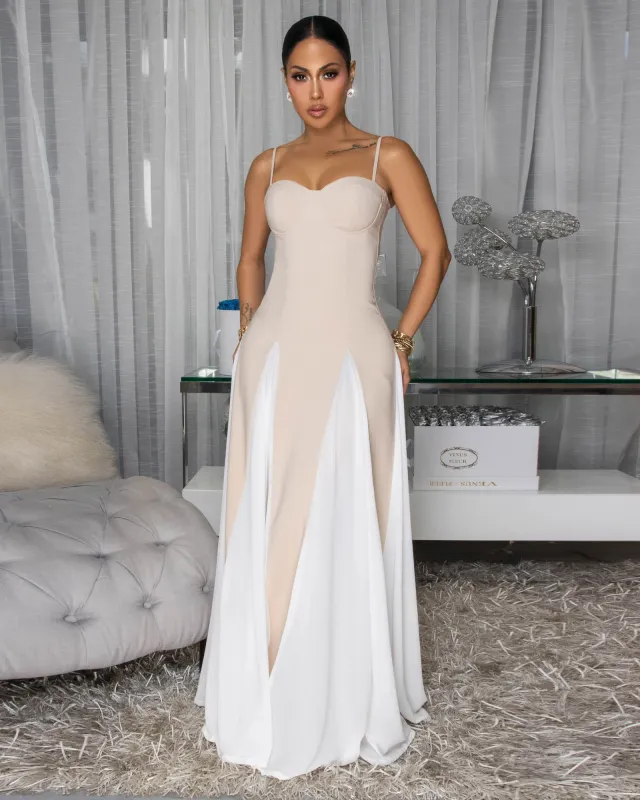 Palamos Nude White Paneled Maxi Dress sold by Chic Couture