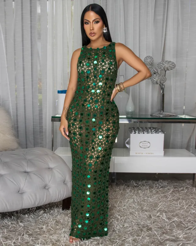 Klaise Hunter Green Sequins  Crochet Maxi Dress (10/29/2025) sold by Chic Couture